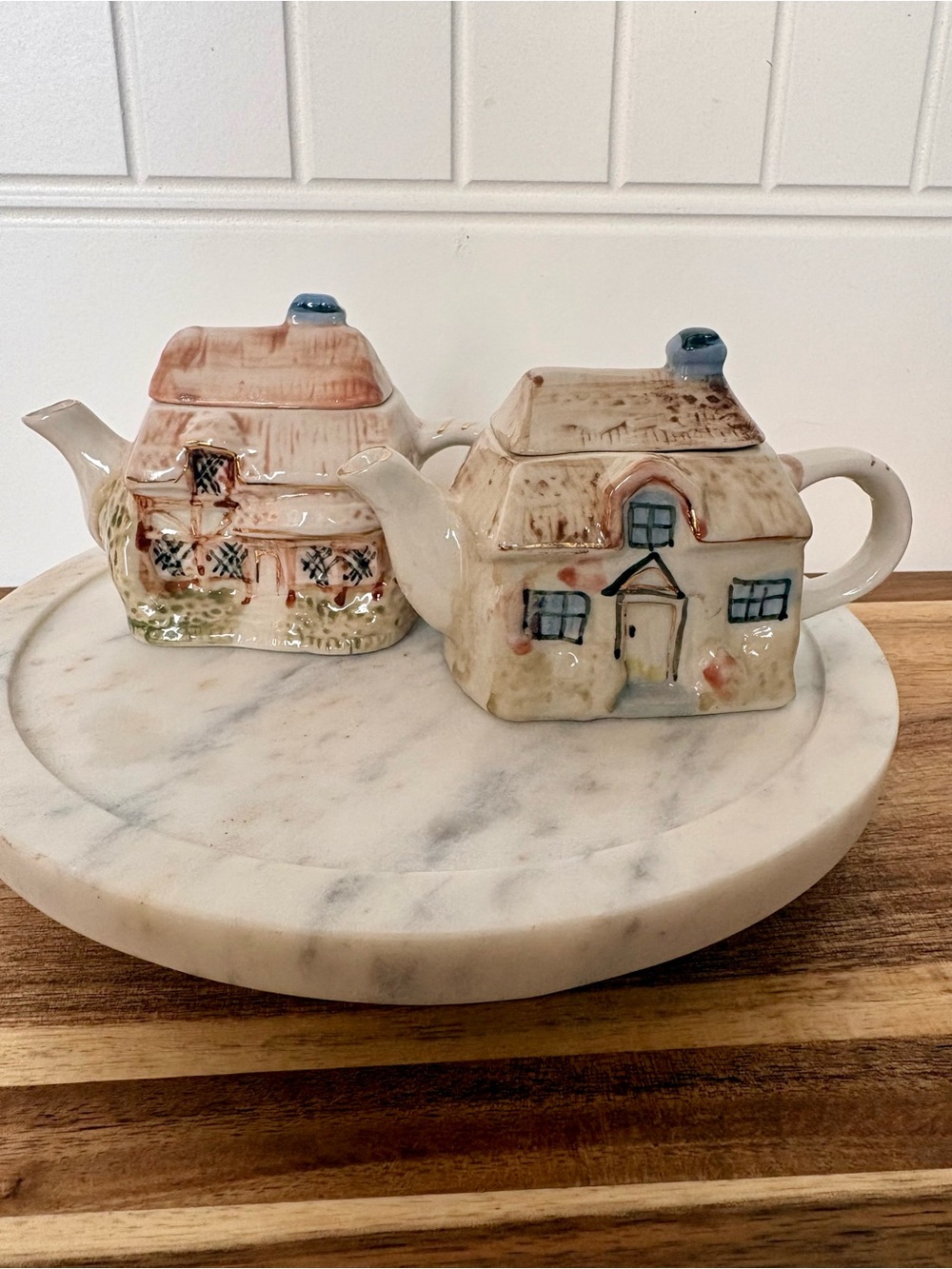 Hand-Painted Cottage Teapot Pair - Cream and Blue